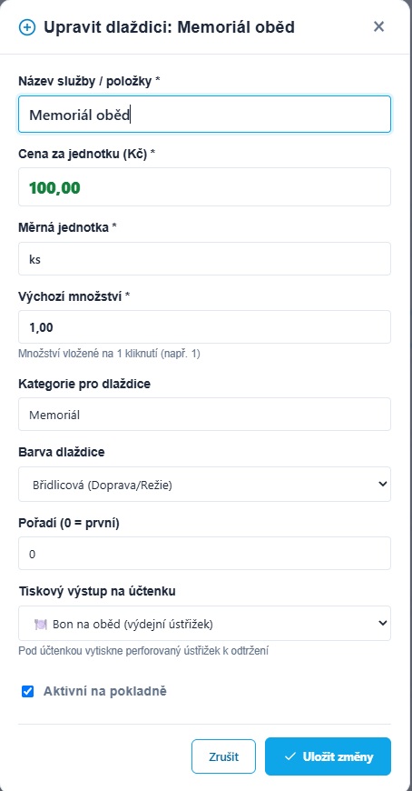 Detail a nastavení položky ceníku